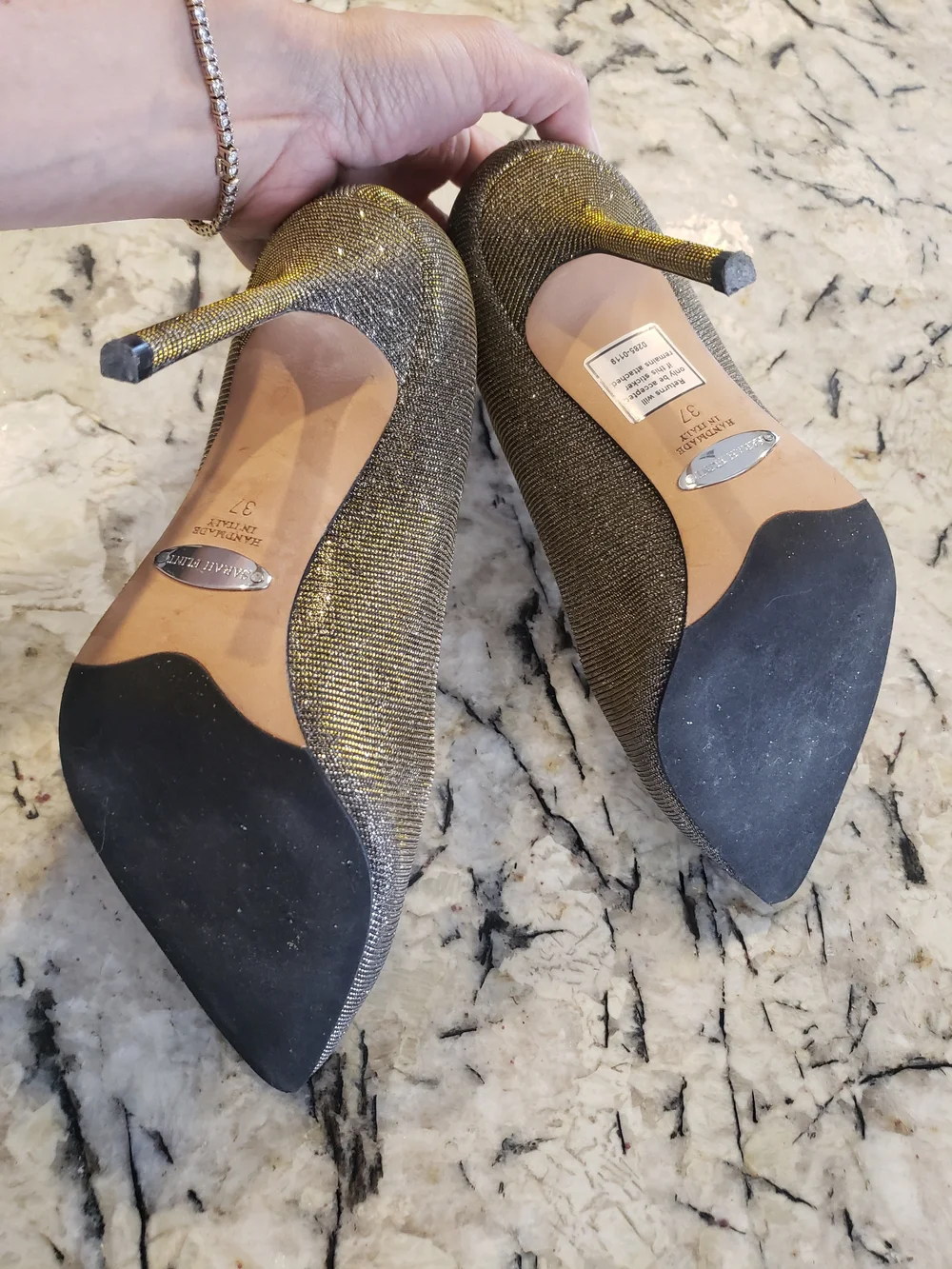 Sarah Flint Silver Glitter Pointed Toe Stilettos with Gold Edge